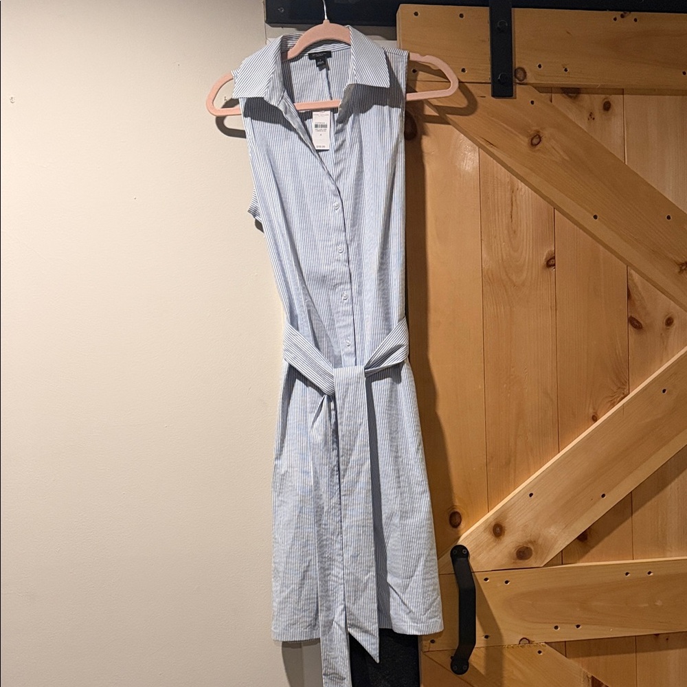 Ann Taylor Light Blue Sleeveless Shirt Midi Dress with Self-Tie Belt